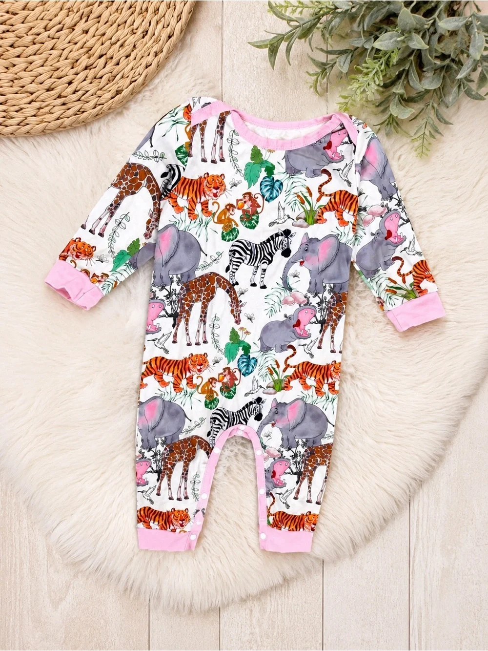 Pink-Trim Safari Animal Print Footie Pajamas for Kids